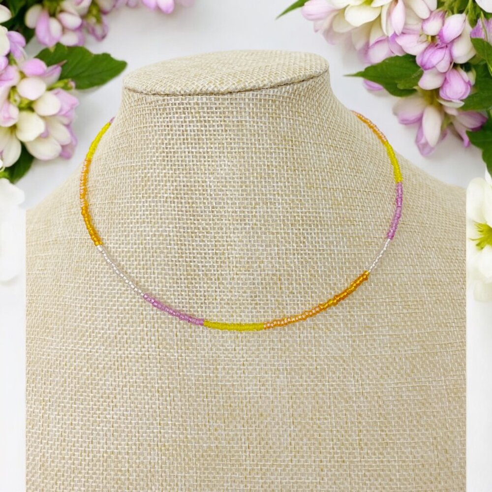 HANDMADE Orange Pink Yellow Colorblocked Tiny  Seed Bead Dainty Choker Necklace
